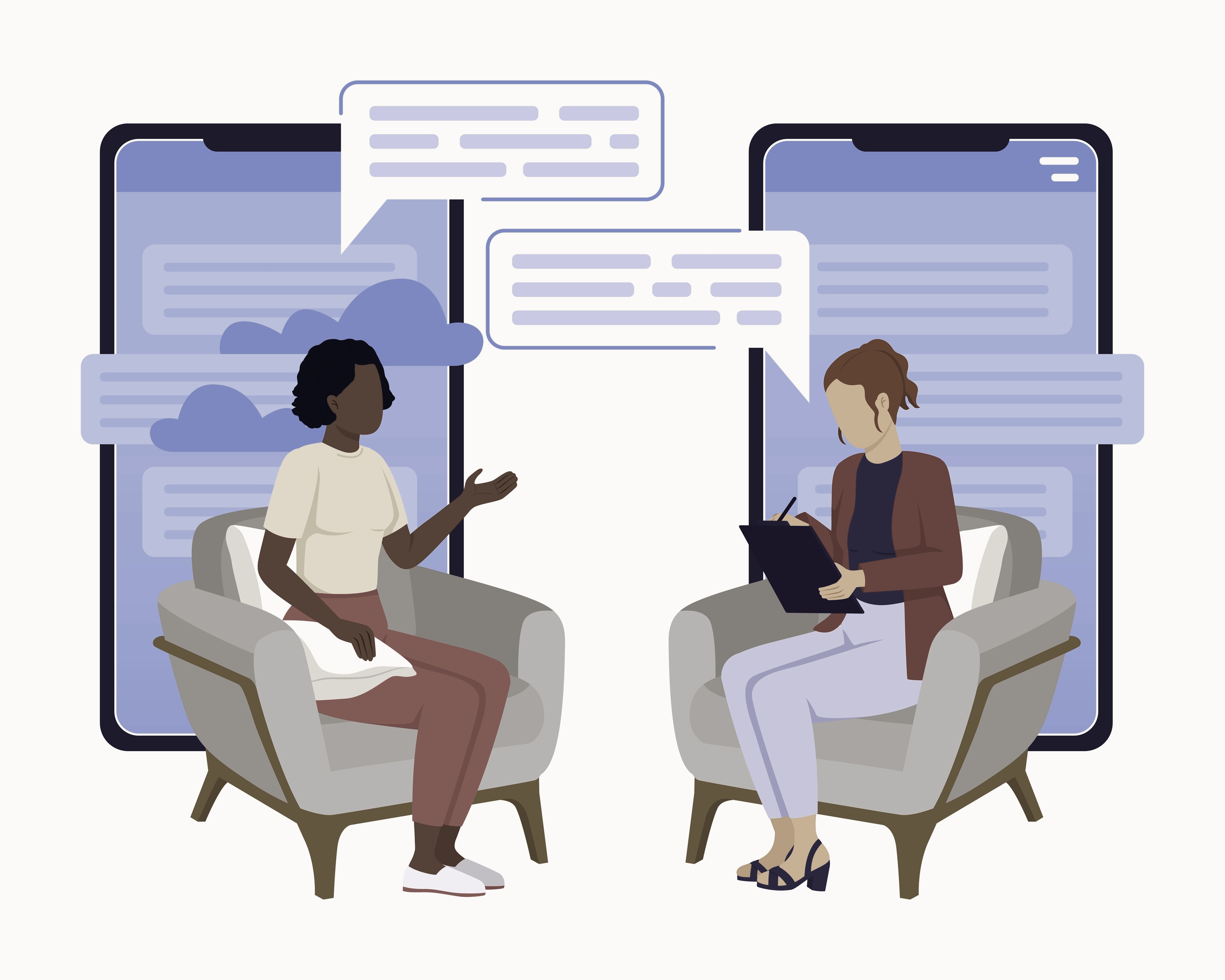 Illustration of two people in a therapy session — in-person and telehealth therapy